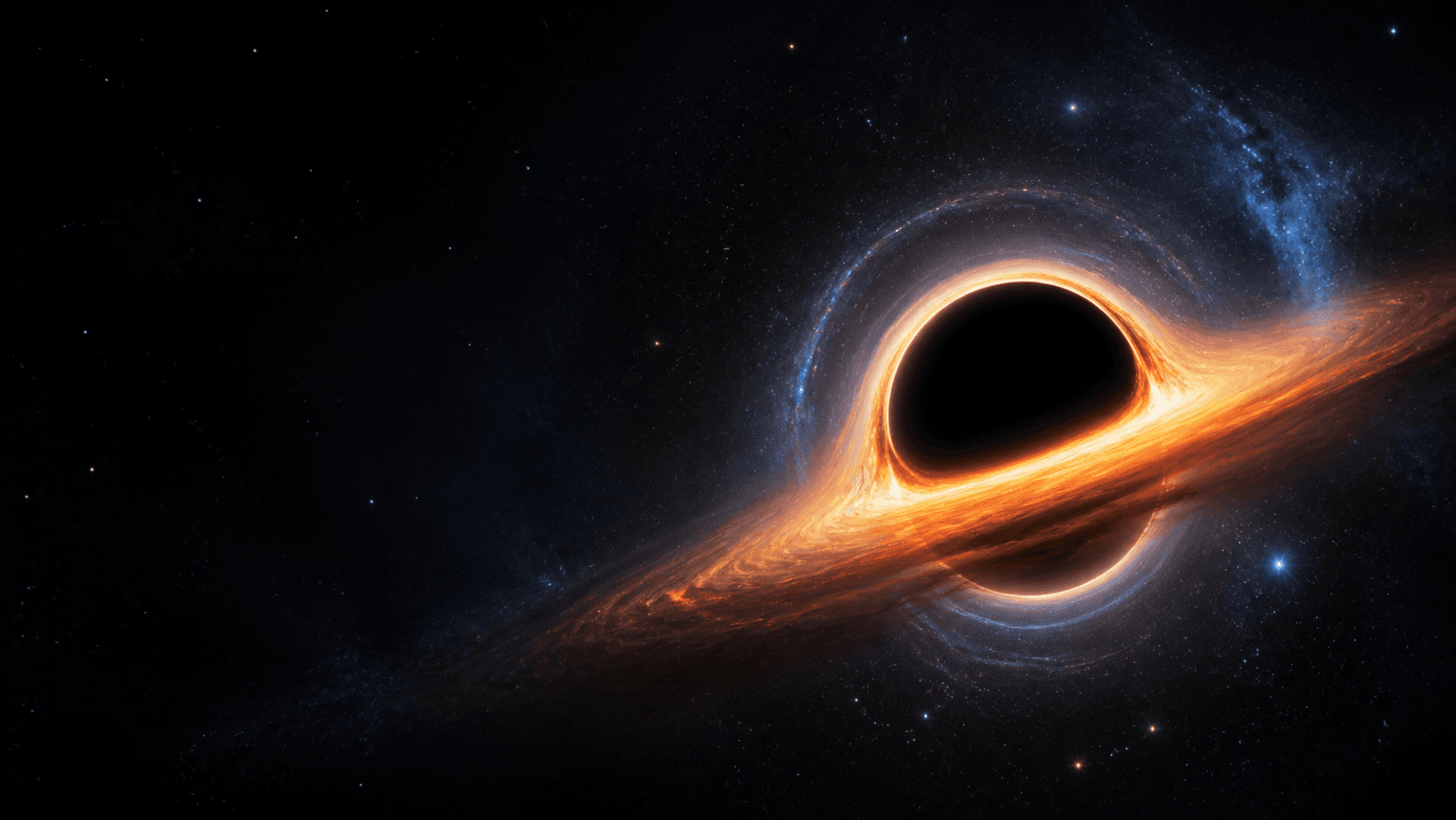 Agujero negro con disco de gas brillante y luz de estrellas deformada por gravedad