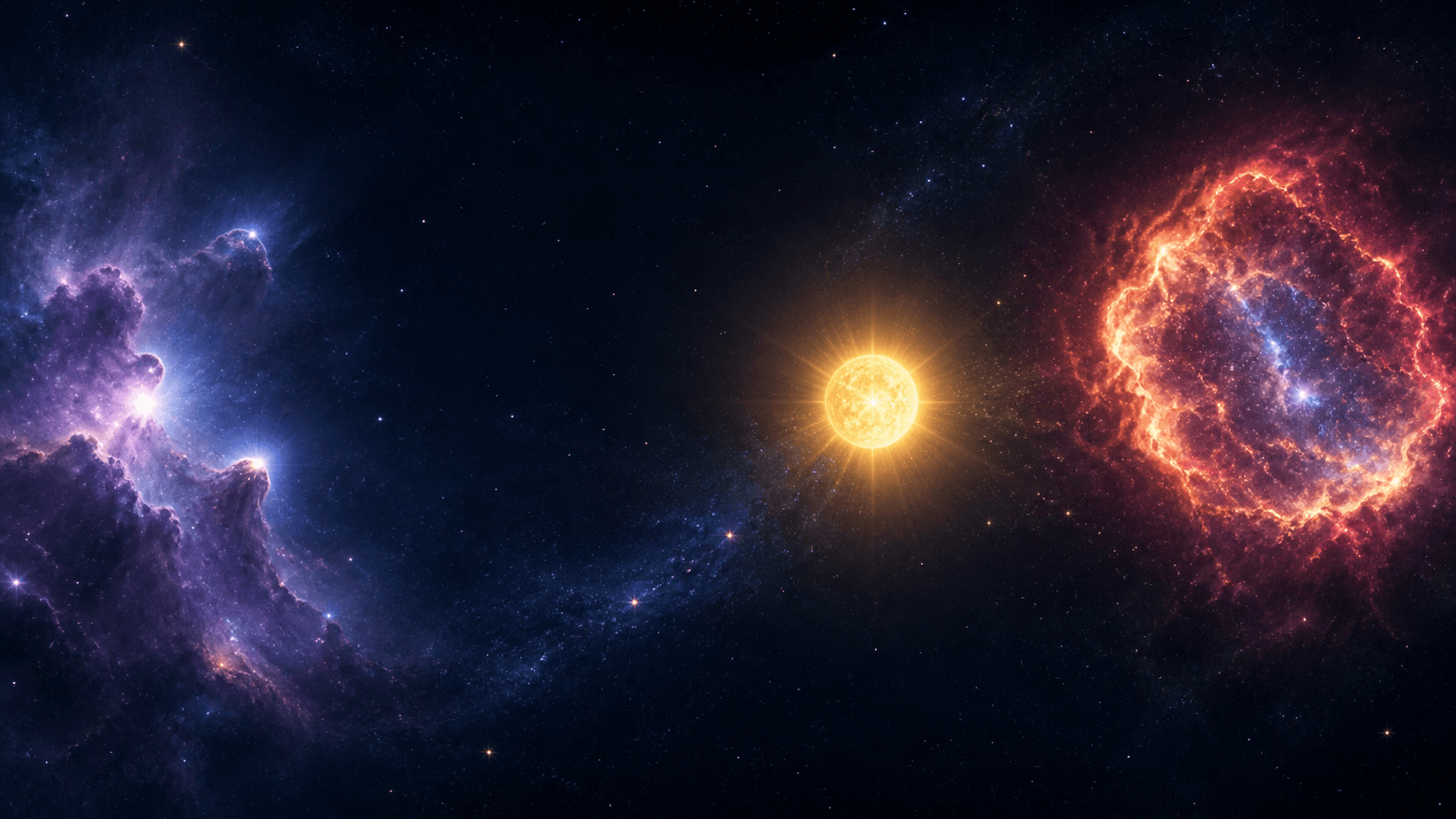 Nebulosa, estrella brillante y remanente de supernova que representan el ciclo de vida estelar