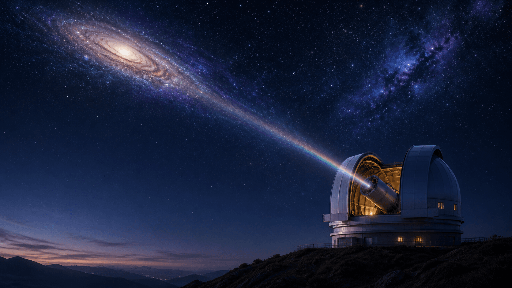 Telescopio observando una galaxia y una nebulosa en el cielo nocturno
