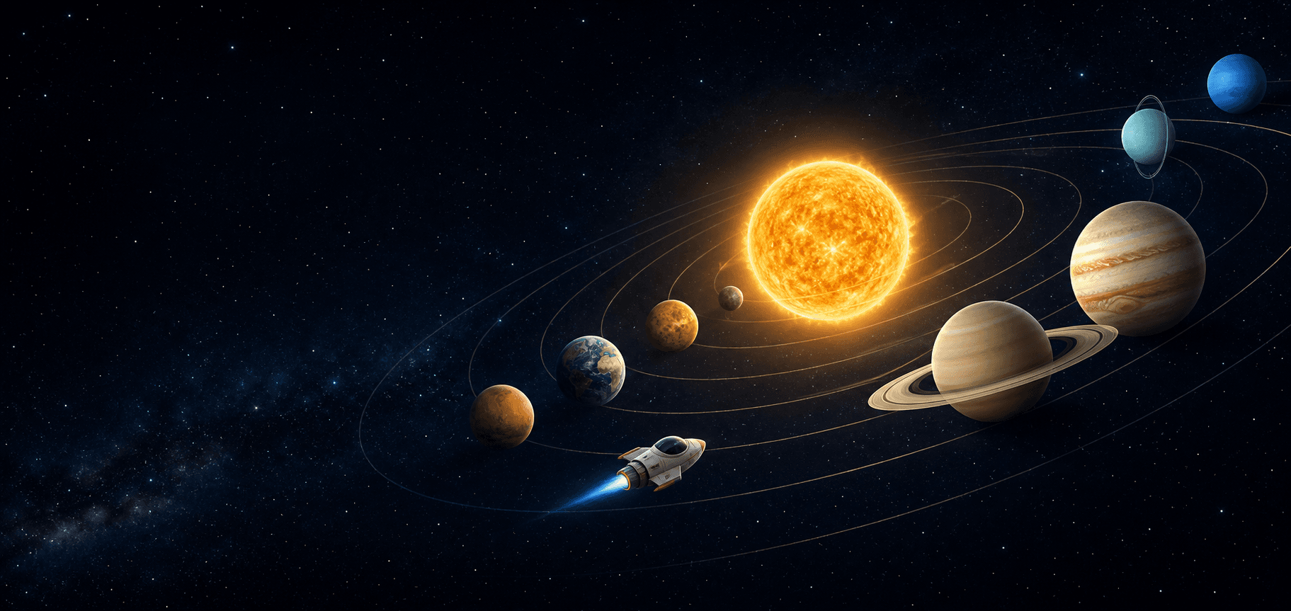 Ilustración del sistema solar con los ocho planetas y una pequeña nave