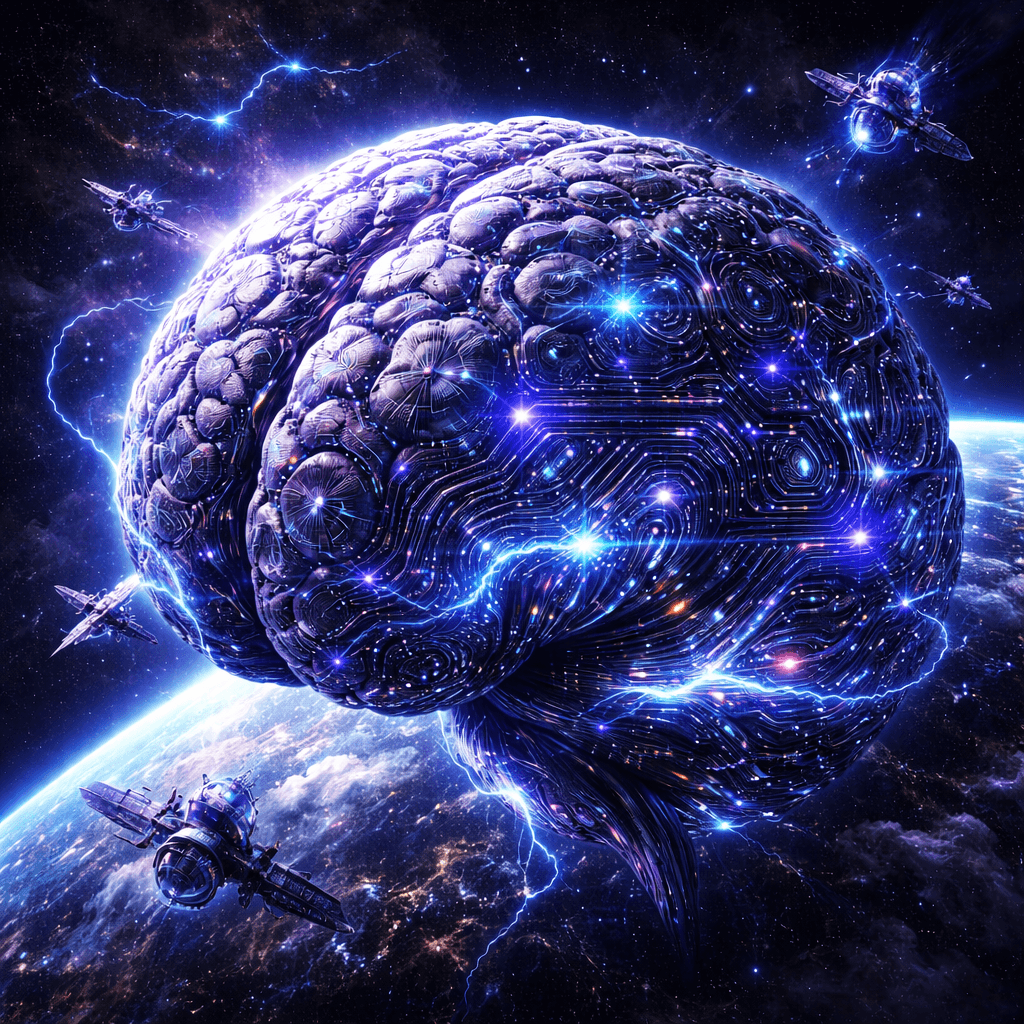 Mechanical brain merging with a planetary landscape