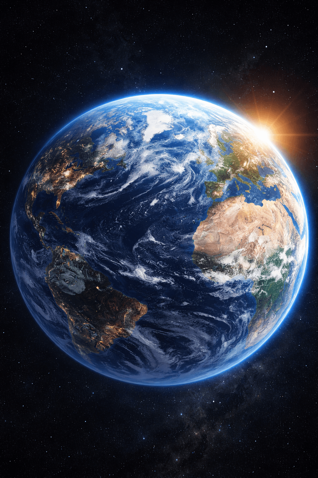 An alien world with twin suns setting over a crystalline landscape.