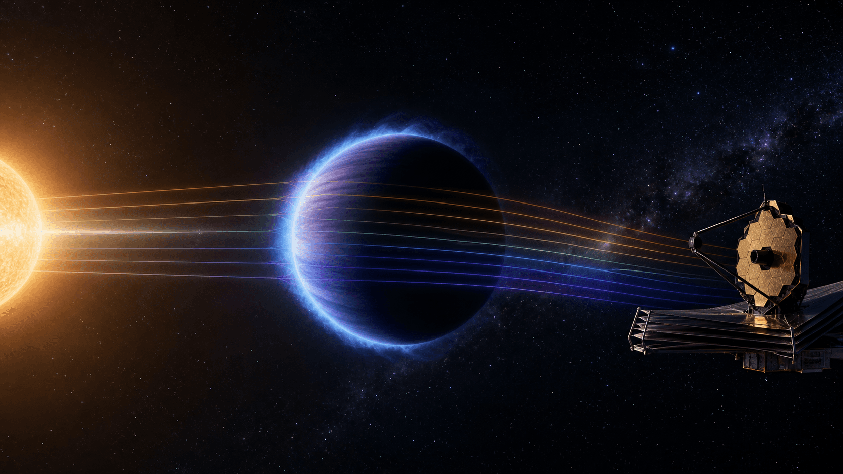 Ilustración conceptual de la luz de una estrella atravesando la atmósfera de un exoplaneta hacia un telescopio