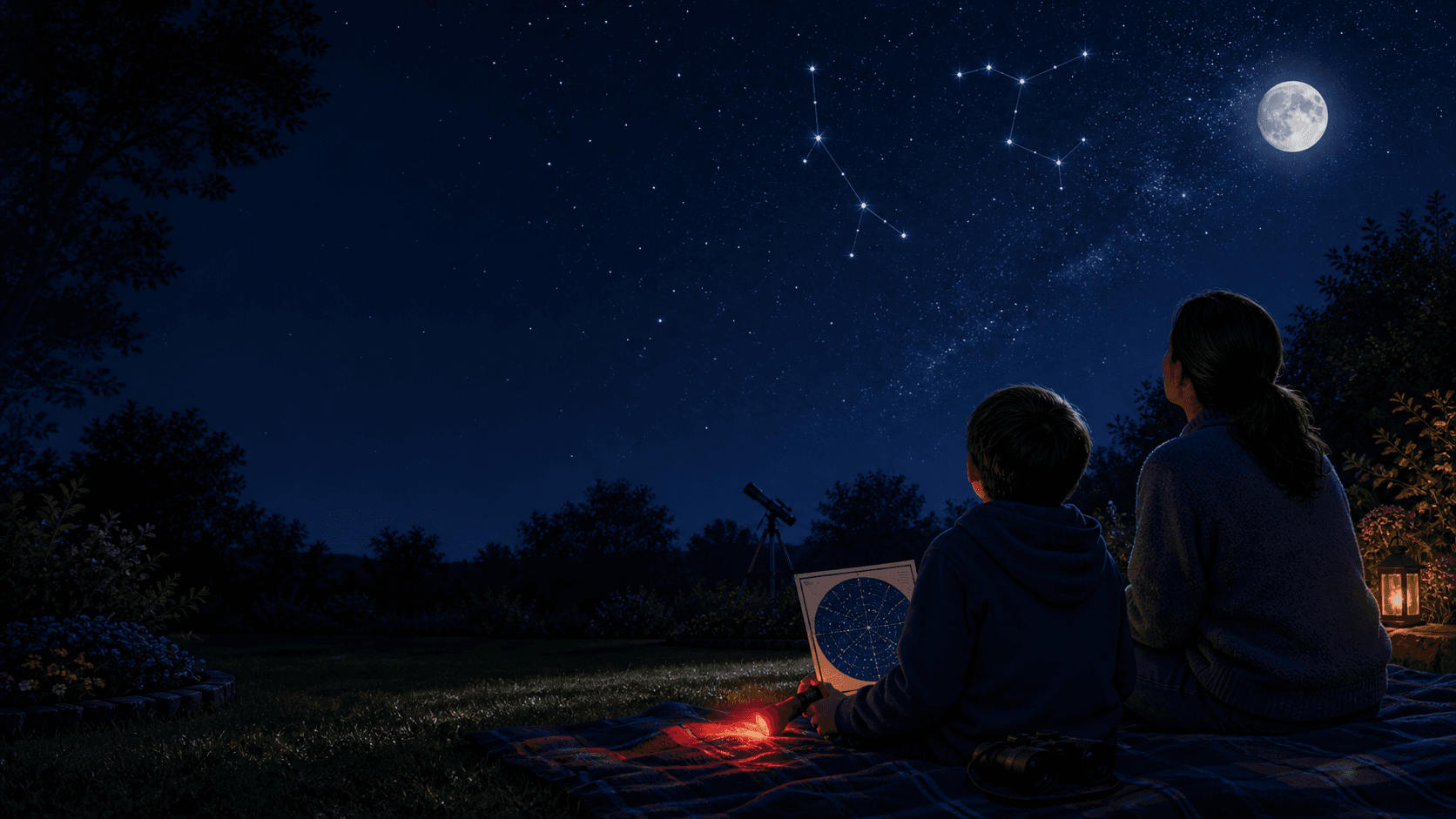 Ilustración de una niña observando el cielo nocturno con un mapa de estrellas y una persona adulta cerca