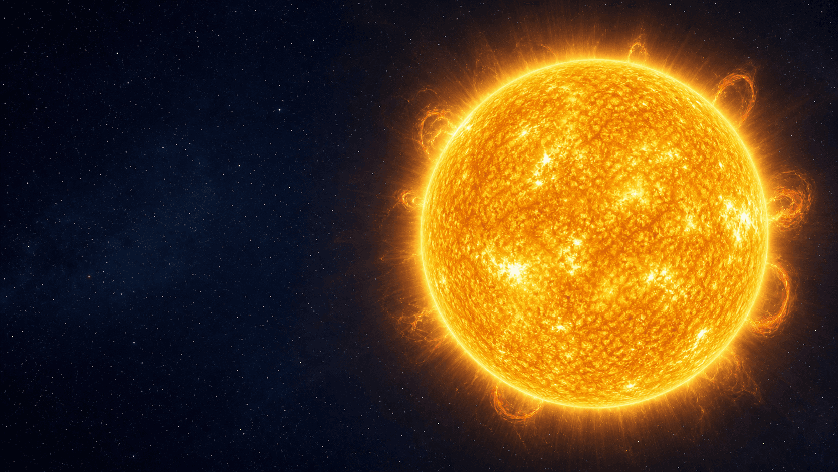 Ilustración del Sol brillante con su corona y protuberancias, visto desde el espacio