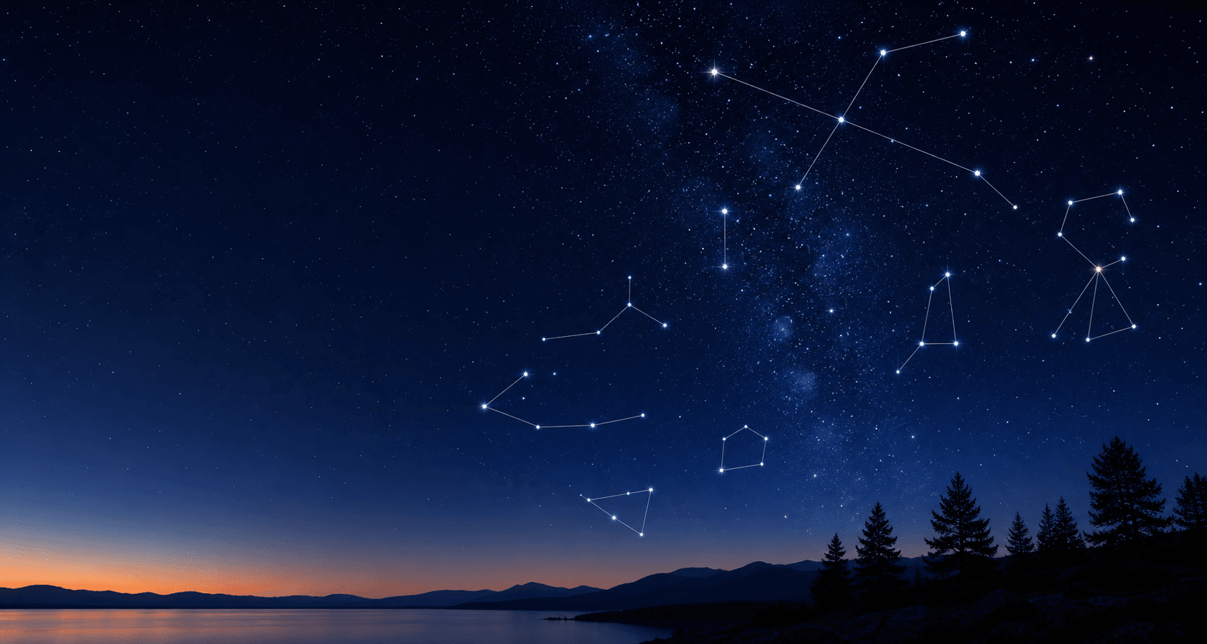 Cielo nocturno con estrellas y líneas que forman constelaciones