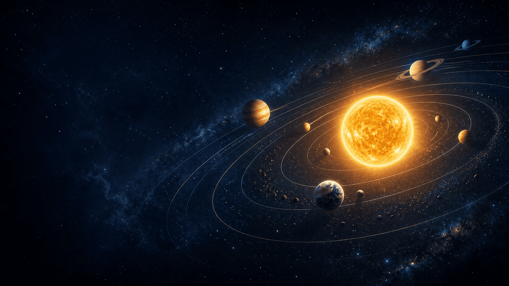 Ilustración del Sol y planetas siguiendo órbitas en el sistema solar