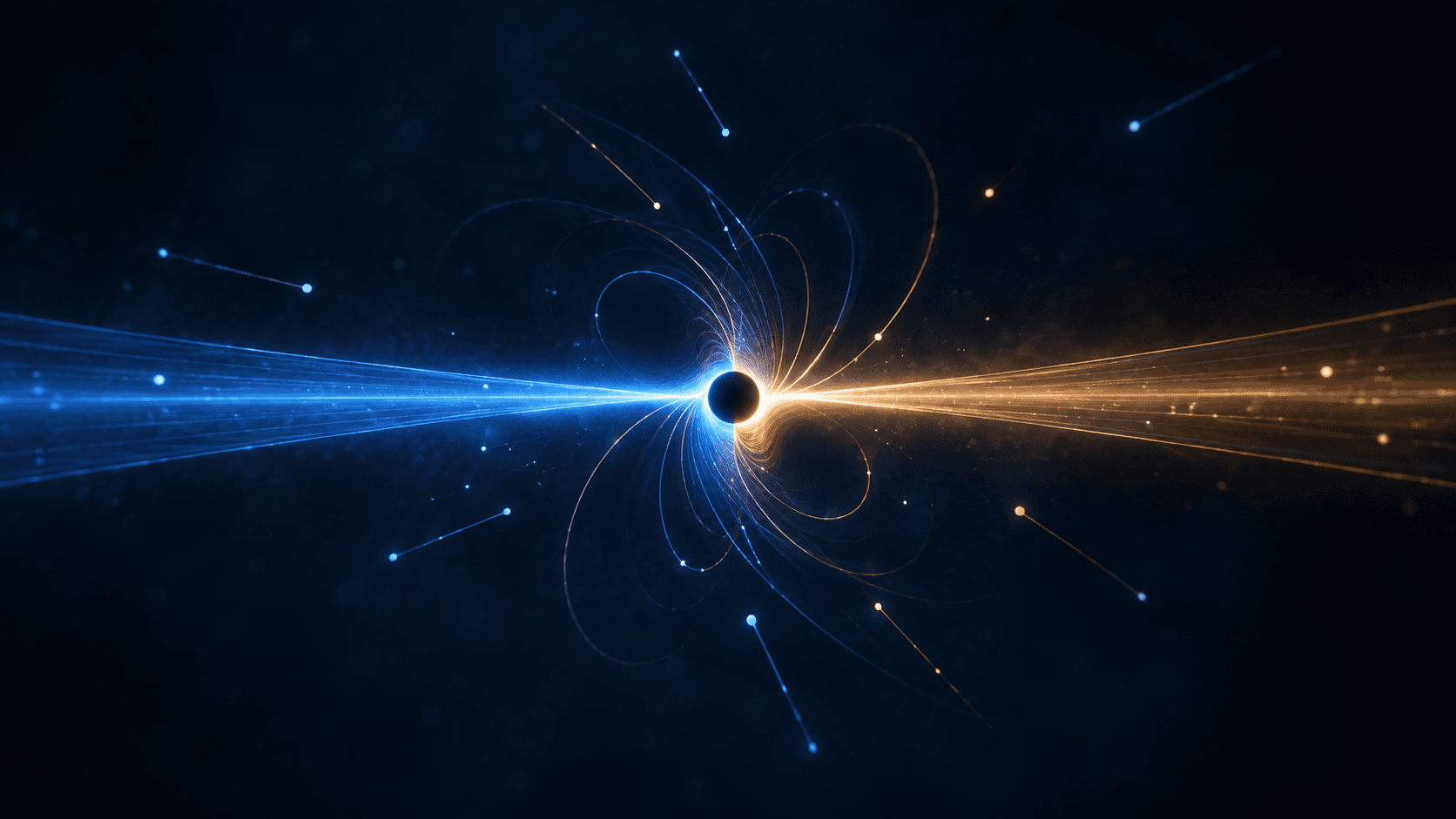 Ilustración conceptual de dos haces de partículas que convergen en una pequeña distorsión luminosa, símbolo de un agujero negro cuántico hipotético.