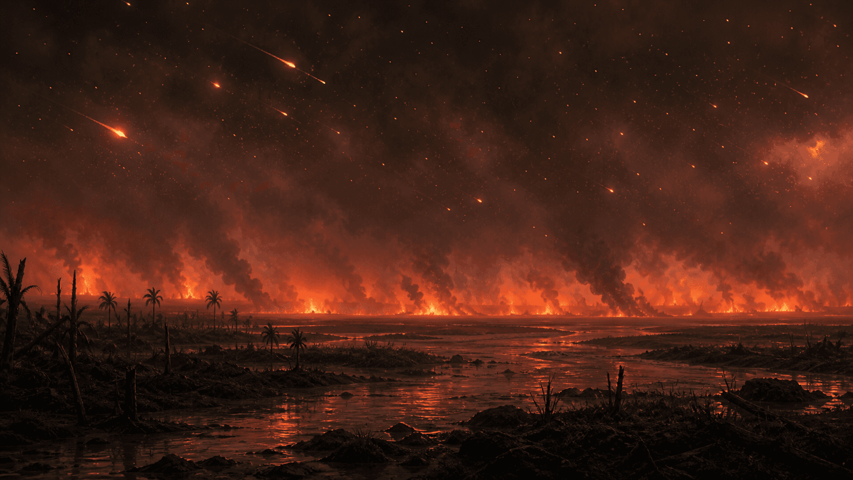 Ilustración editorial de un paisaje cretácico oscuro bajo una nube de polvo, con esférulos incandescentes cayendo e incendios lejanos