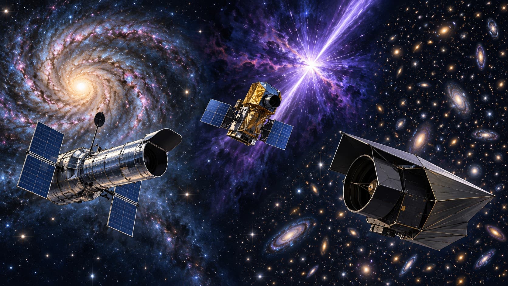 Ilustración de IA con tres telescopios estilizados ante una galaxia espiral, un destello violeta y un campo de galaxias; montaje conceptual, no observación real.