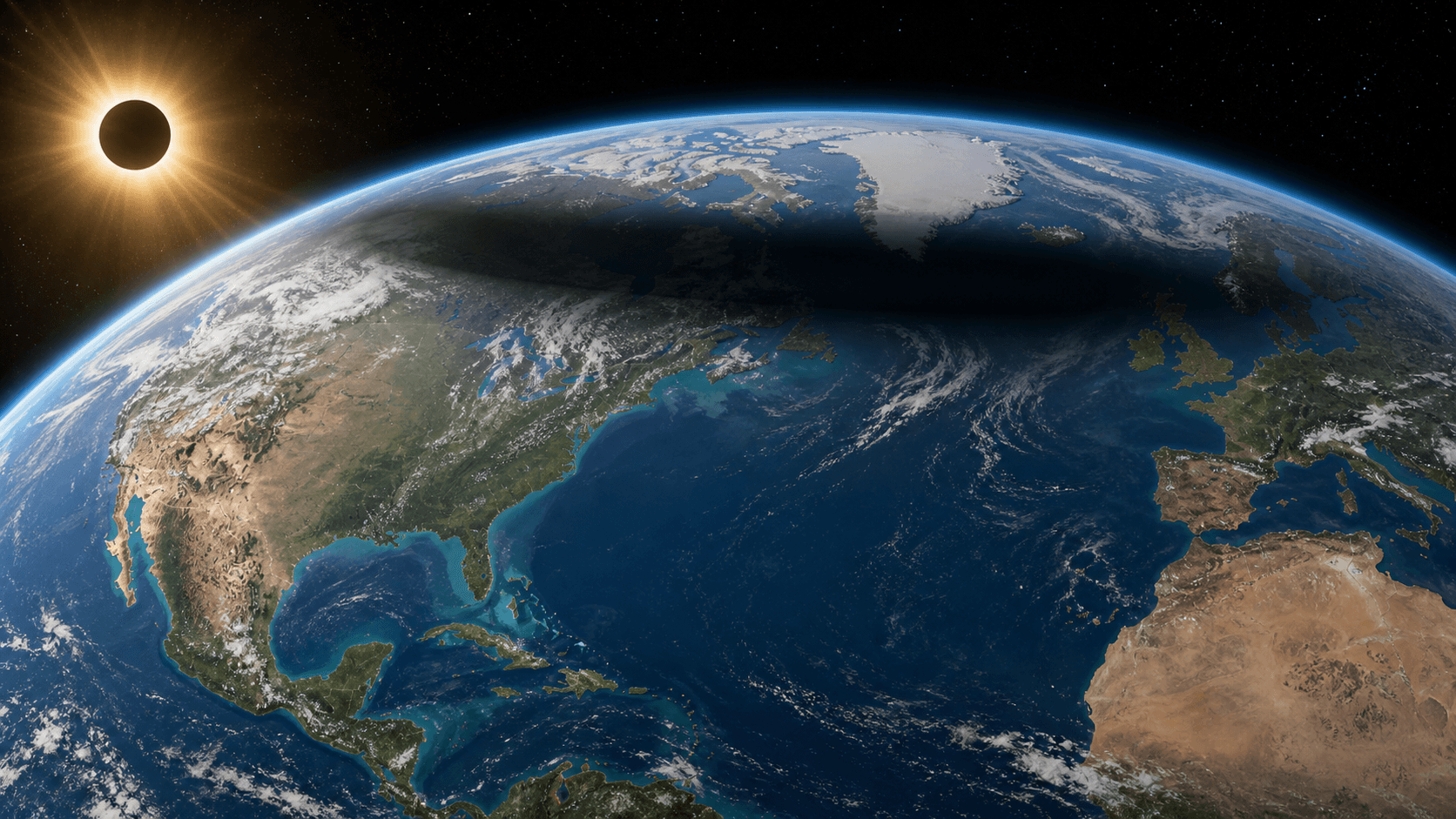 Vista orbital de la Tierra con la sombra de un eclipse solar desplazada sobre el Atlántico norte y México fuera de la zona oscurecida